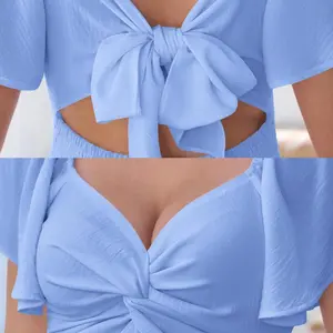 Women's Summer Sweetheart NecklineKnot Front Flowy Mini Chiffon Dresses, Easter dress,Flutter Sleeve, Tie-Back, A-Line Cut, No Scratchy, No Sheer, Wedding Guest,Bridal Shower, Church, Party, Casual, or Daily Wear