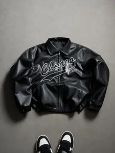 Men's Leather Jacket with Chest Print, Urban Casual Aesthetic Style Street Fashion Outerwear, Perfect Gift for Him, Essential Wardrobe Item for Valentine's Day