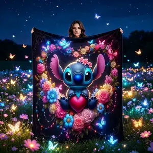 Stitch Heart Print Blanket, Modern Flannel Throw for All Seasons, Creative Digital Print, Multi-Purpose Rug for Home & Travel, Soft Blanket Throw
