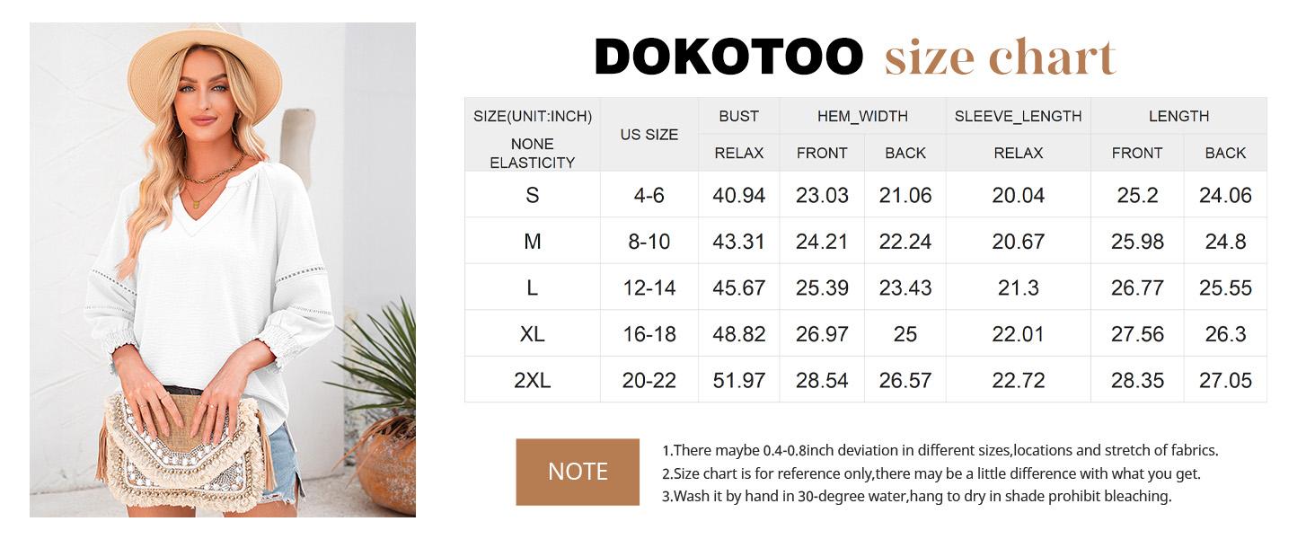 Dokotoo Women's Summer Tops 3/4 Lantern Sleeve Casual V-Neck T-Shirts Pleated Loose Tunic Hollow-Out Blouse Regular Fit 100% Polyester Soft Breathable Stretchy Skin-Friendly Drapes Nicely Durable Comfortable for All Seasons