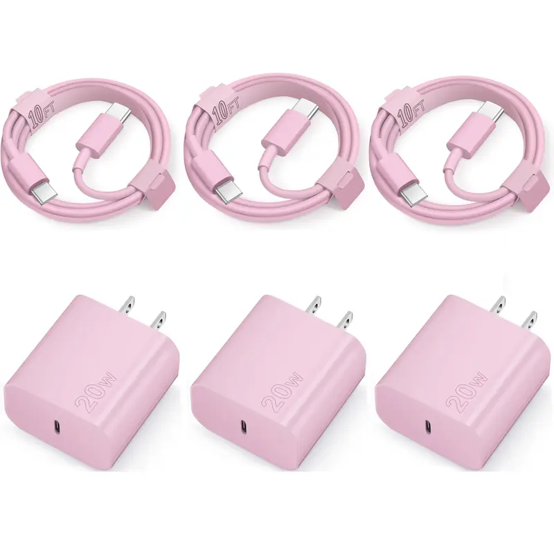 GSASUPJ 20W PD 3.0 Fast Charging Type-C USB Charger Block (US Plug) with 3-Pack 10ft Cables, Cellphone Electronic Mobile Smartphone Charger, Current Regulation Protection, Multi-Device Compatibility