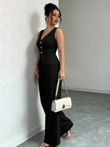 A set of women's fashionable black light luxury waist cinched suit vest set, in the same color scheme, with a high-end feel suitable for commuting to work, shopping and outdoor activities, indoor and outdoor wear
