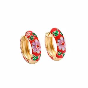 Red Floral Enamel Hoops