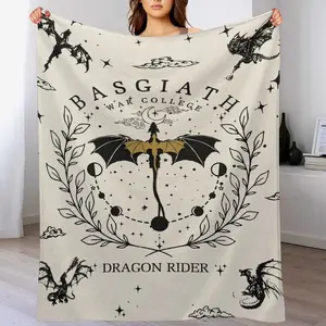 Dragon Rider War College Blanket, Fantasy Basgiath War College Celestial Gold Dragon Cozy Throw, Book Lover Gift for Fantasy Readers, Soft Flannel Aesthetic Blanket for Booktok Fans