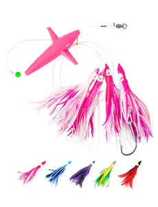 BLUEWING Tuna Feather Daisy Chain Squid Chain Fishing Teaser Lure with 4in Feathered Trolling Squids and Stainless Steel Trolling Hook Big Game Trolling Lure for Tuna Mahi Wahoo Marlin