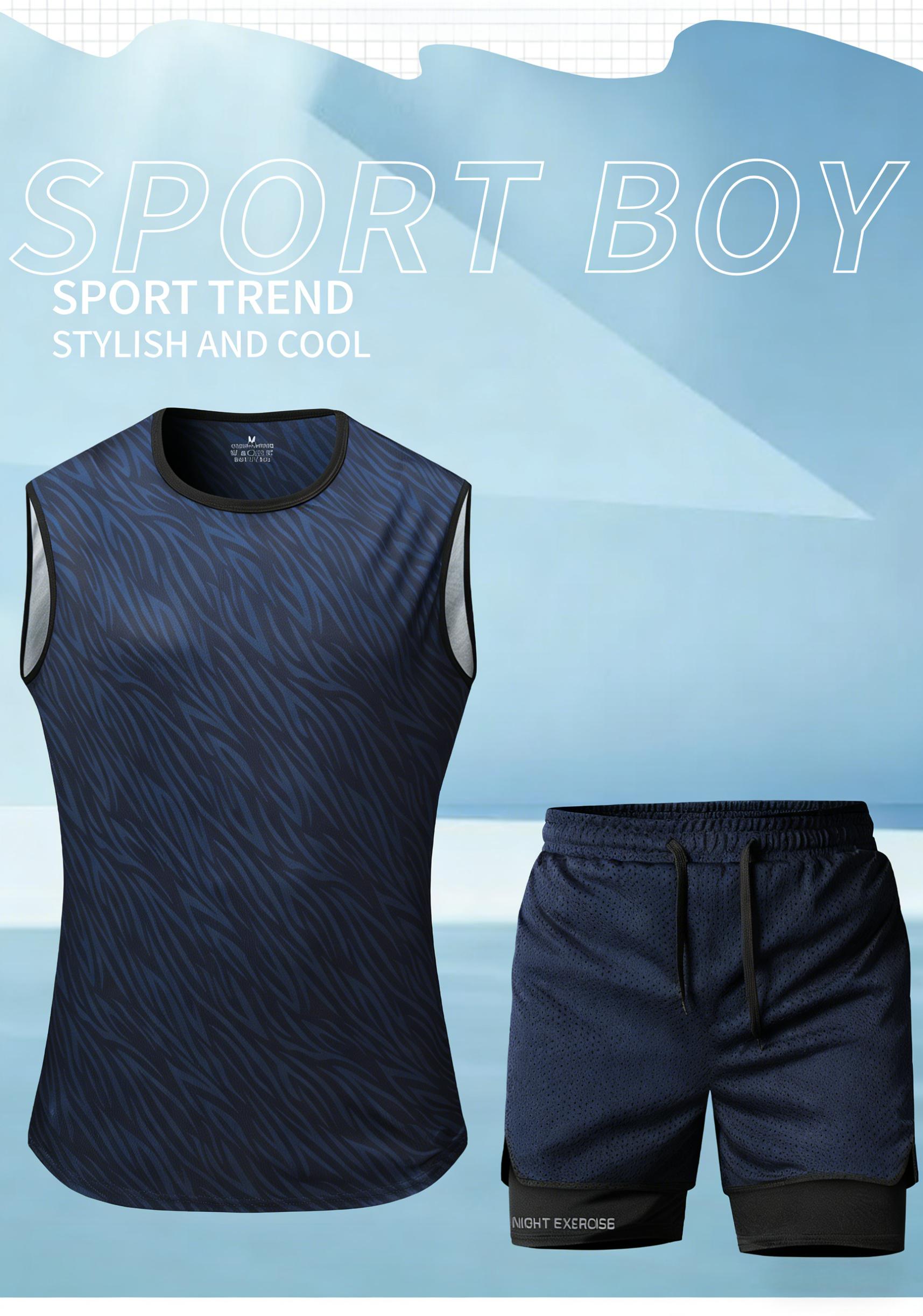 Men’s printed tank top and shorts set, regular fit casual quick-dry sweat-wicking breathable sleeveless top with shorts combo, summer men’s apparel set