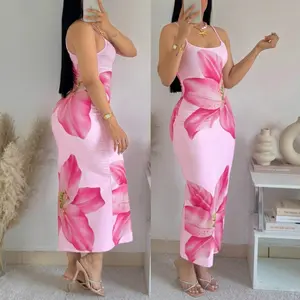 ChicMe Women's Floral Print Cami Maxi Summer Dress Adjustable Spaghetti Strap Bodycon Long Dress Summer Vacation Sundress