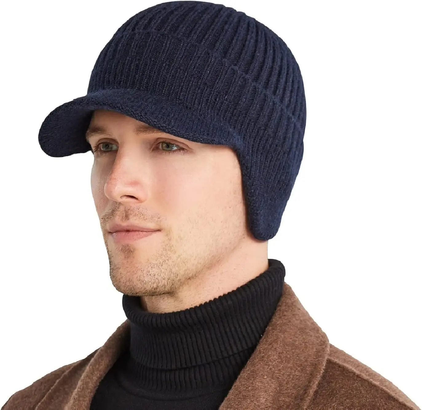 Men's Winter Hat with Brim, Warm Earflaps Hat for Men, Thick Fleece Lined Knit Winter Beanie Outdoor