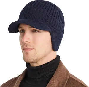 Men's Winter Hat with Brim, Warm Earflaps Hat for Men, Thick Fleece Lined Knit Winter Beanie Outdoor