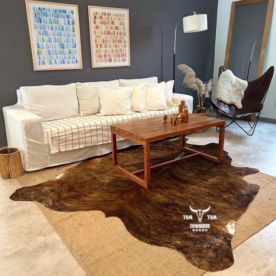 Premium Cowhide Rug | 6X6 ft | Dark Brindle Redish | Natural & Unique | Modern Luxury Decor