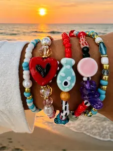 5 Pcs Women's Bohemian Ceramic Fish Heart Bead Bracelets, beaded bracelet, Casual Plain Design, Random Colors, Perfect for Daily Wear & Vacation, Beaded Jewelry