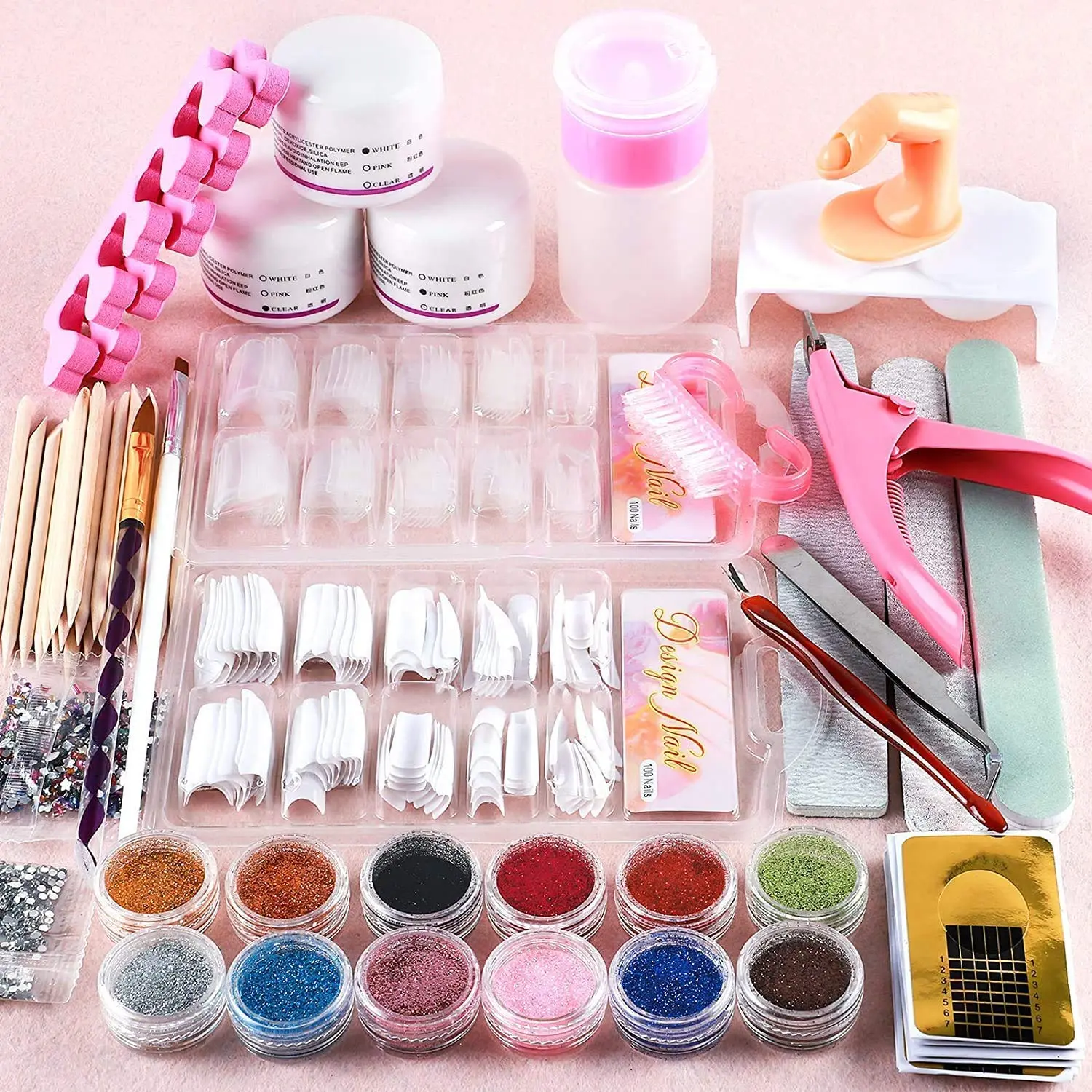 12-Color Nail Art DIY Kit - Complete Beginner-Safe Manicure Supplies with Powder, Liquid, Brush, Glitter, File, Tips, Cuticle Care Tools - Easy-Apply Beauty Gift for Nail Decor Coverage