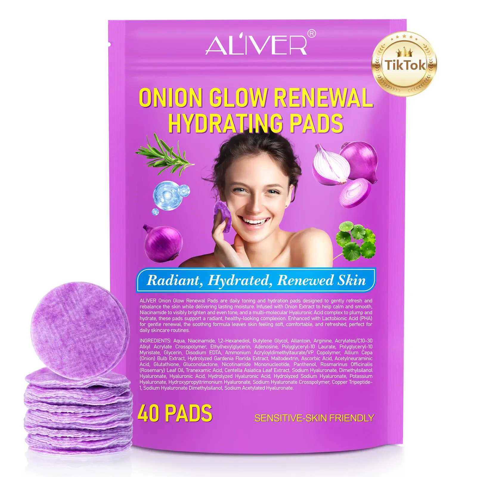 Aliver Onion Refreshing Moisturizing Sheets 40 Pieces, Hydrating Skincare, Gentle Exfoliation, Suitable for All Skin Types