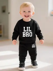 Newborn Baby Boy Casual Fashion Long Sleeve Round Neck Sweatshirt Set, Cartoon Letter Print, All Seasons, Fitted Style