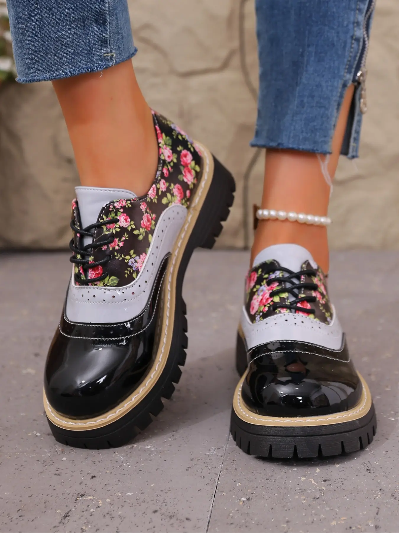 Vintage Color Block Brogue Platform Lace-Up Casual Women Oxford Shoes