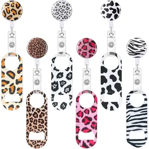 6 Pcs Flat Bottle Openers Retractable Bar Keys for Bartenders Stainless Steel Beer Bottle Opener with Belt Clip and Round Badge Reel Bartender Gifts for Women Men Leopard Style