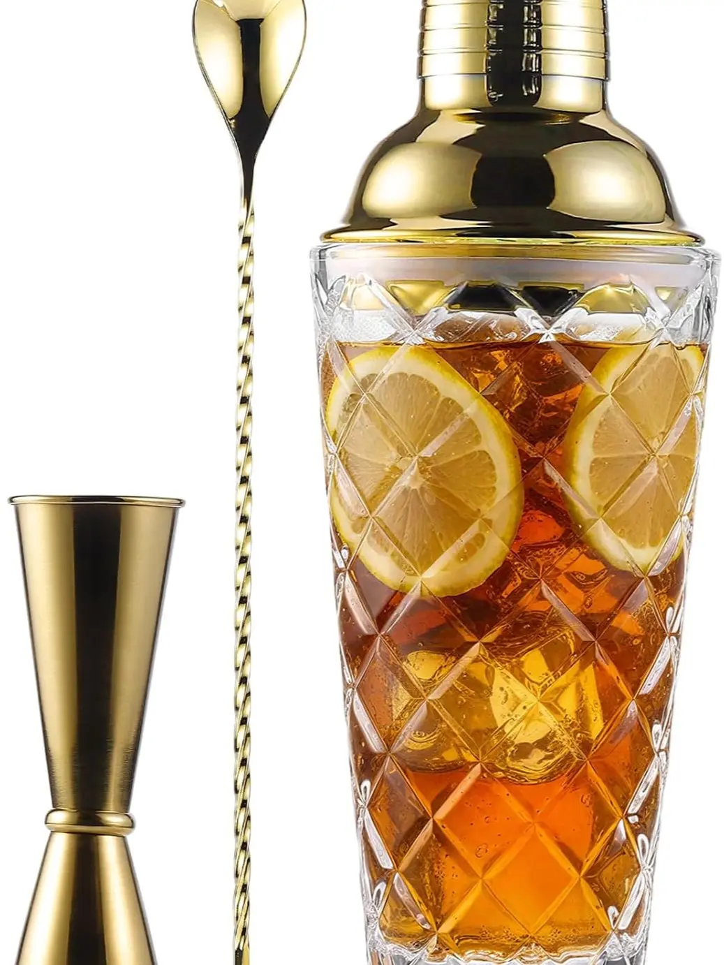 Glass Cocktail Shaker Set with Built-in Strainer – 16oz Thickened Pineapple Glass Gold Shaker Set, Gold Jigger & Bar Spoon with Muddler for Home Bar/Trolley Décor/Margaritas/Martinis