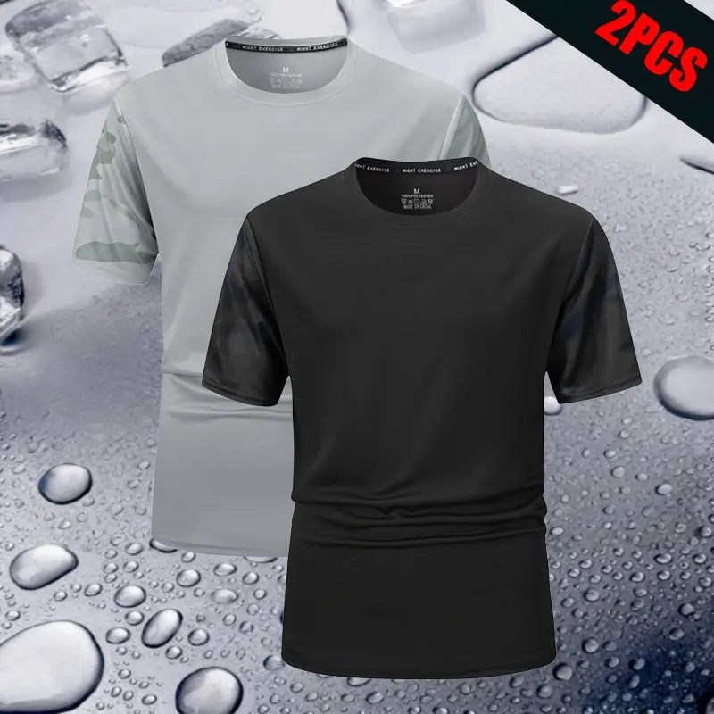 Men's Ice Cool Short Sleeve T Shirt Set 2PCS, Sports Casual Camo Sleeves, Quick Dry Breathable, Skin Friendly, for Commuting, Exercise, Fitness, Outdoor