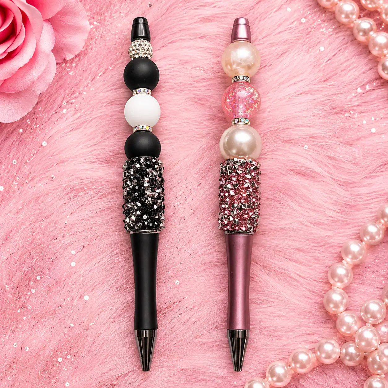 2 Pack - Elegant Pearl & Rhinestone Pen Set - Black & Pink Glitter Finish - Ideal for Note Taking & Stylish Writing - Perfect Gift Idea
