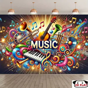 2D Flat Banner 1pc, Vibrant Music - Themed Backdrop Banner,   - Colorful Instruments & Notes Design, Ideal Parties, Birthdays, Events, Indoor/Outdoor Decor, Studio Photography Prop, Event Backdrop | Musical