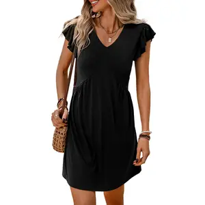 Dokotoo Women's Summer Dresses 2026 Beach Casual Deep V Neck Loose Sundress Ruffle Sleeve Mini Dress