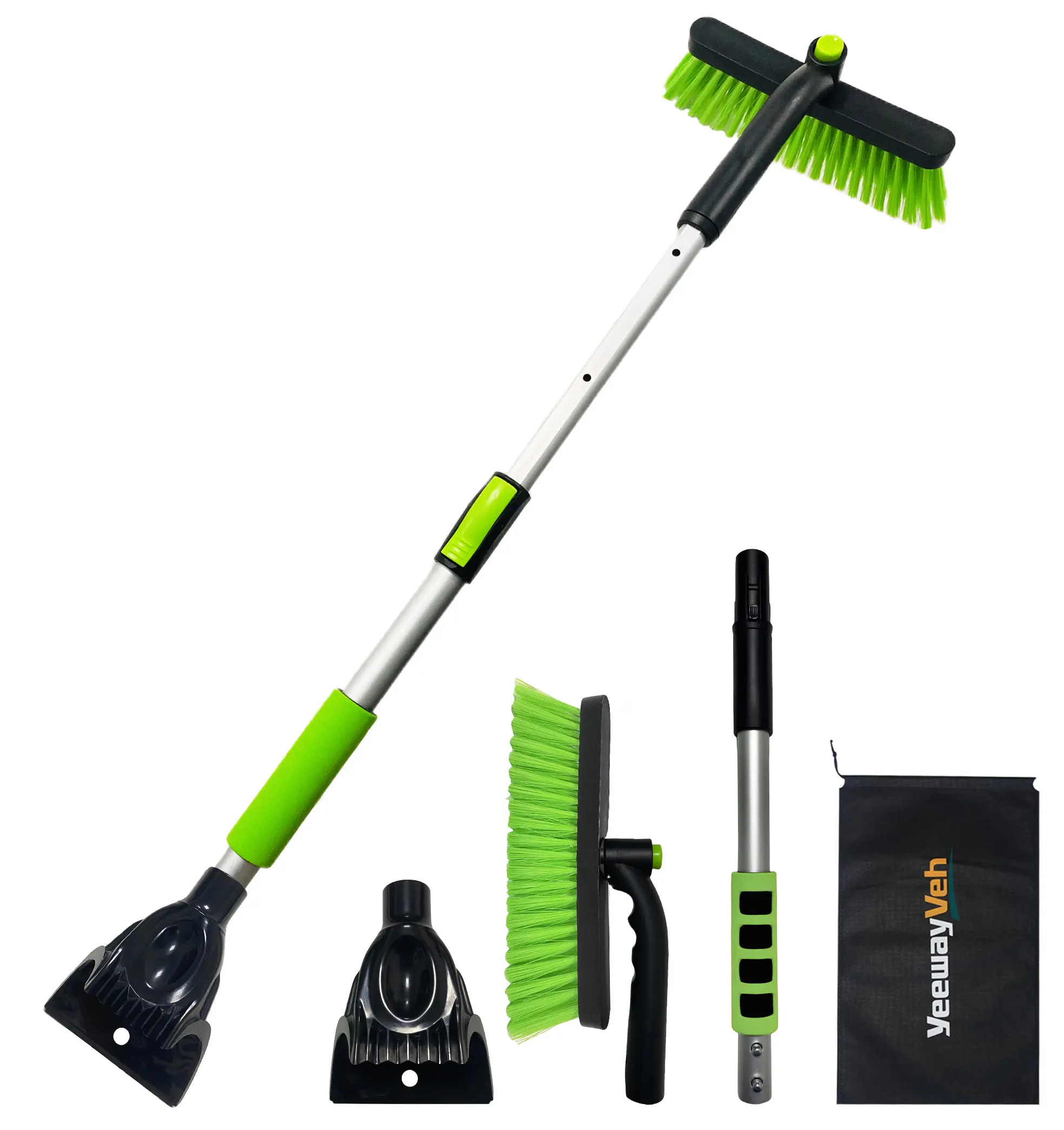 39" Snow Brush and Ice Scraper for Car Windshield, 360° Pivoting Brush Head with Comfort Foam Grip, 2 in 1 Extendable Snow Scraper and Snow Broom for Car Trucks SUV, Green