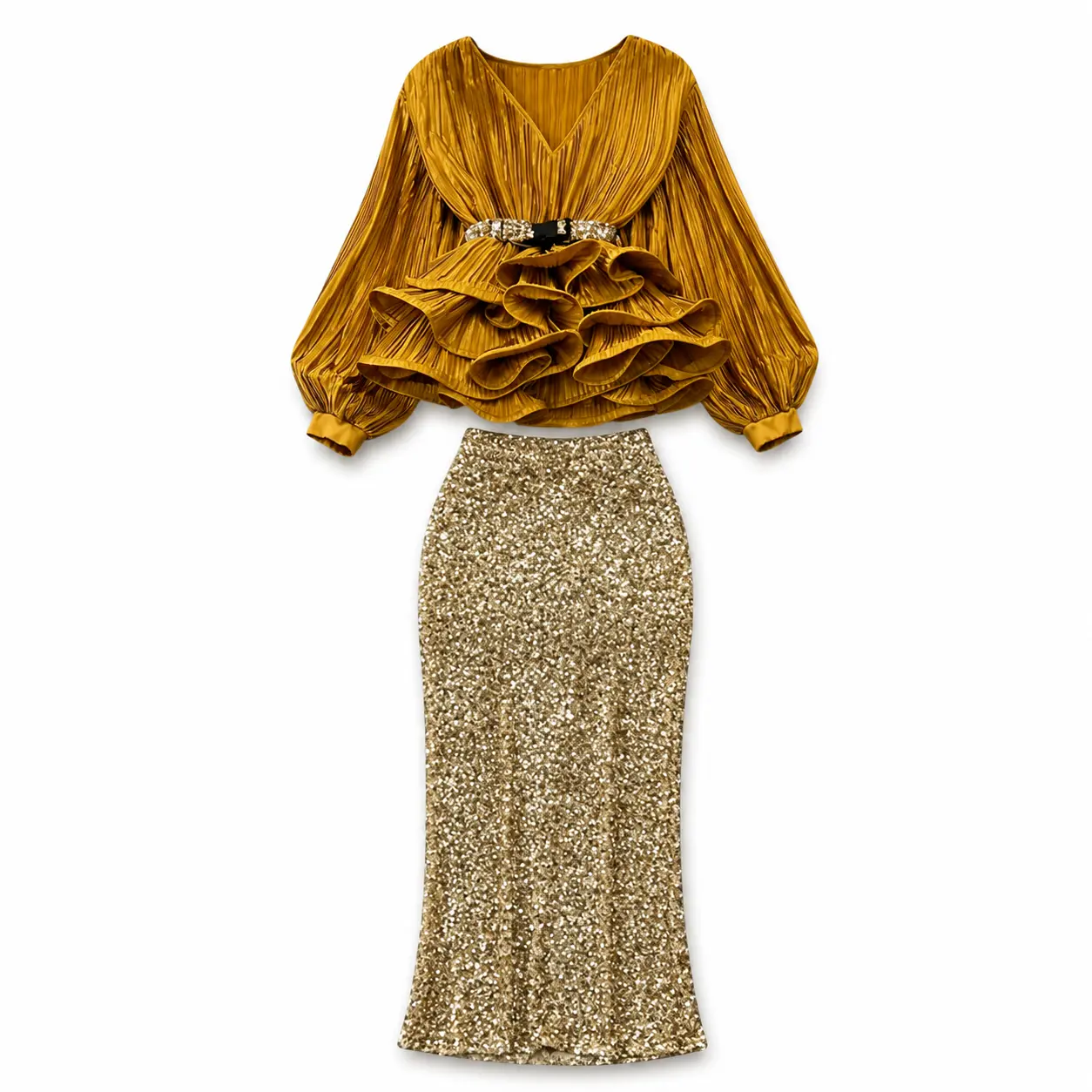 Women's 2-Piece Knit Fitted Glitter Going Out Set - Long Sleeves, Elegant Sequin Ruffle, Black Casual Wear, Plush Comfortable Match Style Top and Skirt Set, One Size