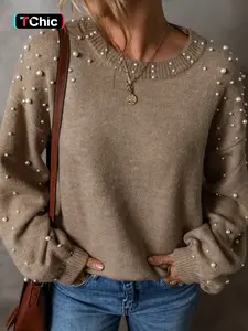 Women's Faux Pearl Decor Drop Shoulder Sweater, Casual Long Sleeve Round Neck Jumper for Fall & Winter, Fashion Ladies' Knitwear for Daily Wear