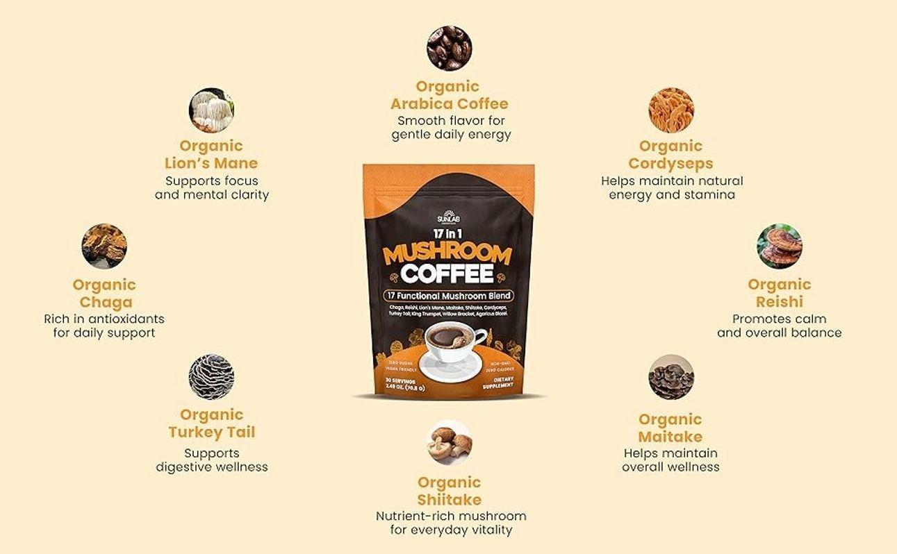 Organic Mushroom Coffee 17 Functional Mushroom Blend (Lion's Mane, Reishi, Chaga, Cordyceps, Turkey Tail & More) Gourmet Arabica Instant Coffee for Immunity, Focus & Energy - USA Made - 30 Servings