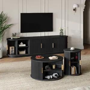 Wooden TV Stand & Coffee Table Set with Fluted Sliding Doors for TVs up to 75", Golden Handles Media Console with Cable hole, Farmhouse Round Center Table for Living Room