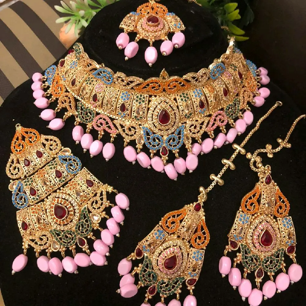 Manjoos Nauratan Kundan Polki Stones Necklace Set with Tikaa and Jhoomar, Featuring Intricate Design and Decorative Beads
