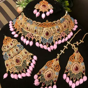 Manjoos Nauratan Kundan Polki Stones Necklace Set with Tikaa and Jhoomar, Featuring Intricate Design and Decorative Beads