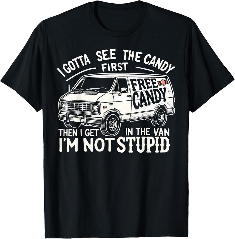Men's Classic Soft Short-Sleeve Breathable Crew Neck T-Shirt - Retro Unisex Tee, "I Gotta See The Candy First" Vintage Free Candy Van Funny Halloween Menswear Top