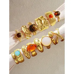 14pcs Vintage Bohemian Punk Chunky Asymmetrical Geometric Design Sunflower Colorful Crystal For Women, Suitable For Holiday, Date, Party, Daily Wear, Photo Shoot, Versatile, Bohemian Stackable Rings (No Box)