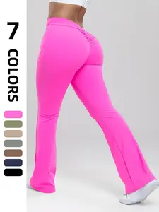 Women's High Waist Ruched Flare Leg Sports Groove Leggings, Solid Color Bell Bottom Trousers, High Stretch Seamless Yoga Legging, Ladies Sportswear Clothing for Indoor Outdoor Wear, Tummy Control, Scrunch Sports Leggings