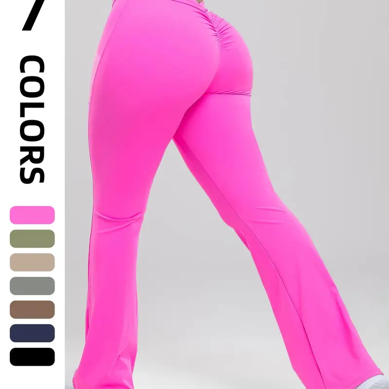 Women's High Waist Ruched Flare Leg Sports Groove Leggings, Solid Color Bell Bottom Trousers, Activewear Bottoms, Ladies High Waisted Sportswear for Indoor Outdoor Wear, Tummy Control, Scrunch Sports Leggings, Workout Clothes Women