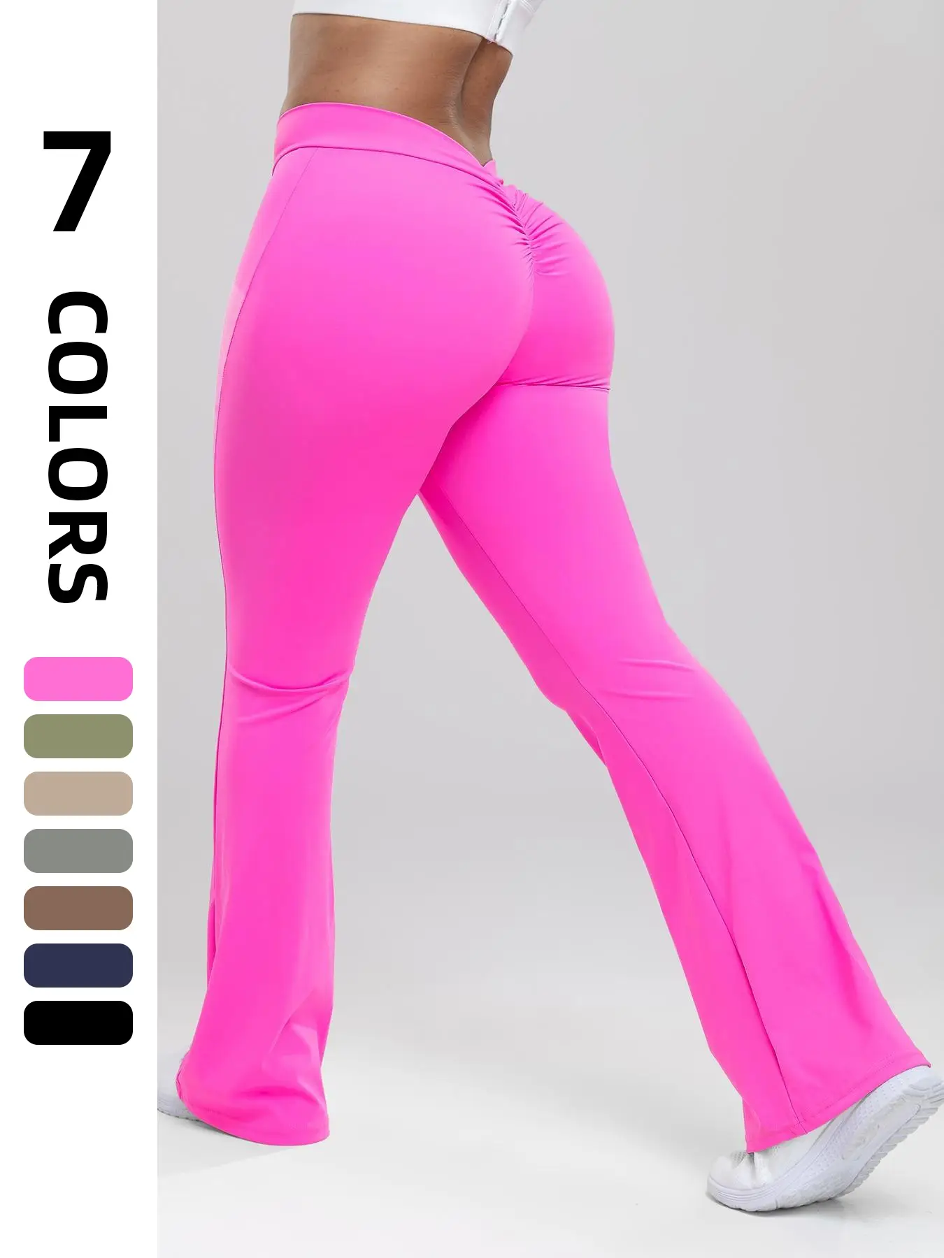 Women's High Waist Ruched Flare Leg Sports Groove Leggings, Solid Color Bell Bottom Trousers, High Stretch Seamless Yoga Legging, Ladies Sportswear Cl
