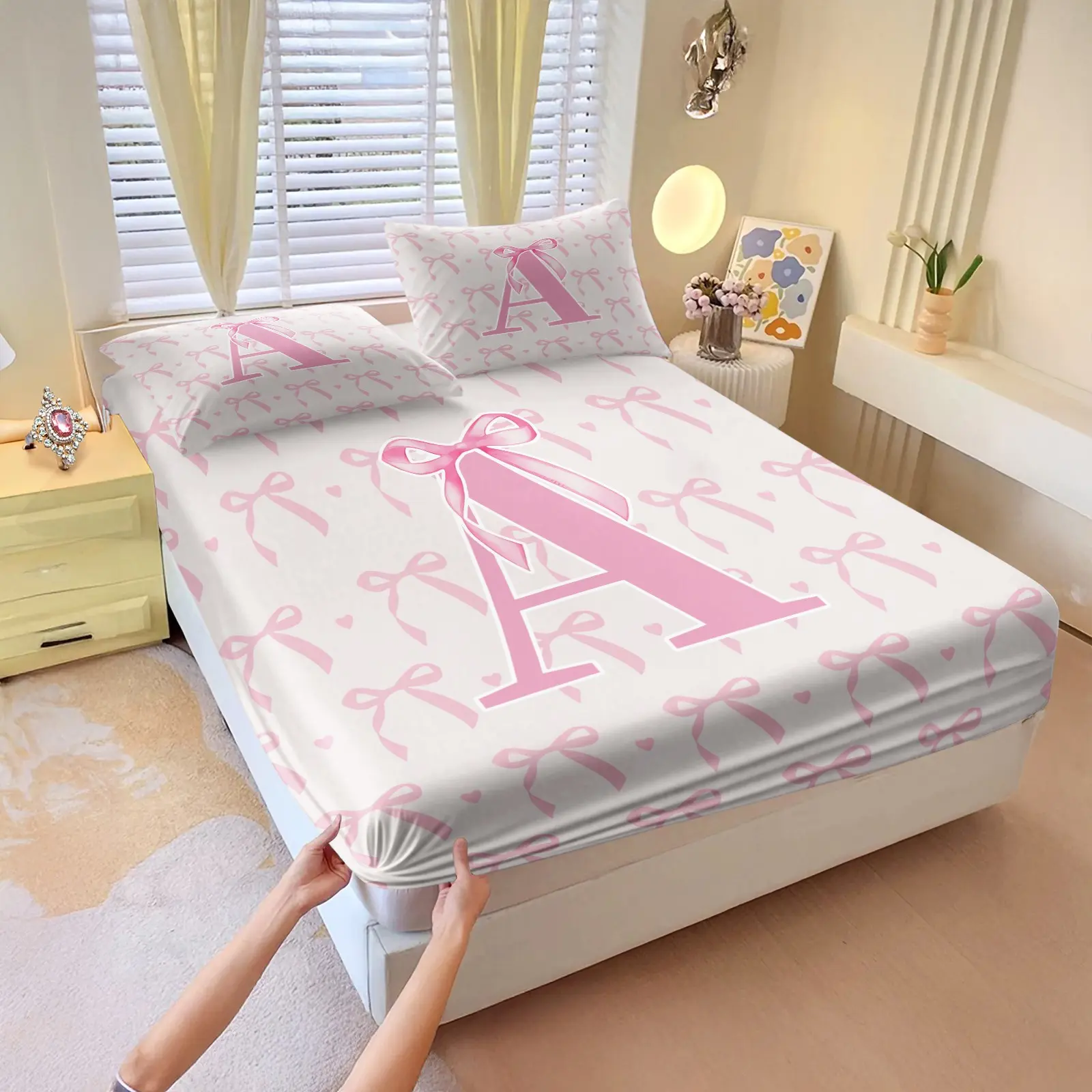 3Pcs Pink Bow Fitted Sheet Set, Bed Sheets Set, Creative A-Z Alphabet Printed Breathable Soft Bedding Sets, Comfortable and Durable Bed Sheet, Kawaii Bedroom Essential Decorating Set, Perfect Holiday Gift, Breathable Fitted Sheet, Filler Not Included