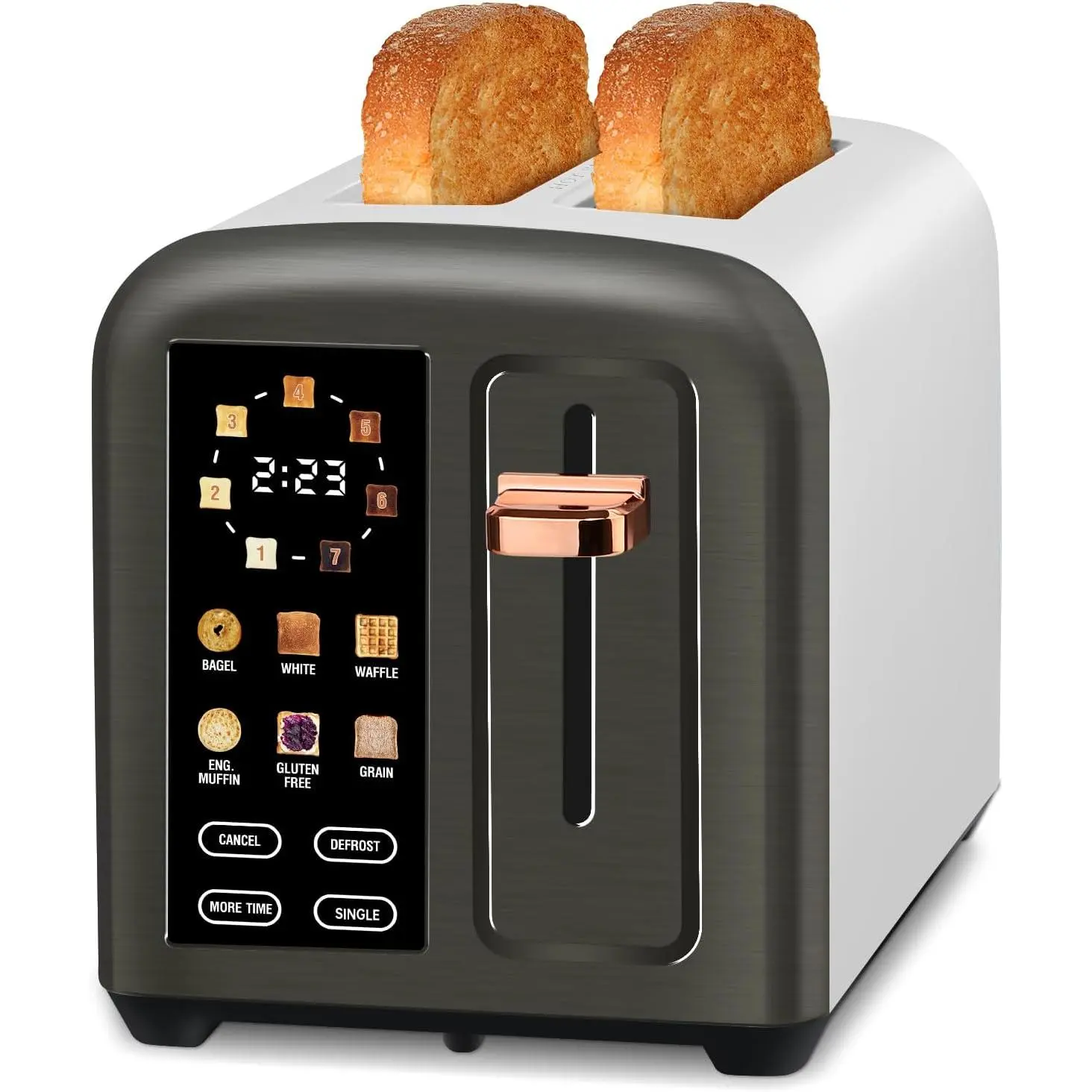 2-Slice Stainless Steel Modern Toaster with Real Touch Screen LCD Display, Dark Metallic Finish, 1.5" Wide Slots, 50% Faster Even & Consistent Heating, Single-Slice Function, Removable Crumb Tray, 1350W Power for Daily Home Kitchen Use, 2-Slice Toaster