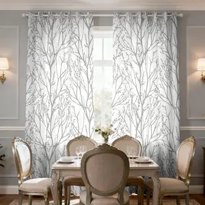 2-piece Nordic style gray branch white gauze curtains simple branch texture filter translucent curtains suitable for machine washable decorative Window Curtain curtains in living room, bedroom, kitchen and other rooms