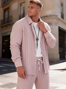 Men's Dusty Pink Textured Ribbed Loungewear Set, Pajama Set, Pjs - Long-Sleeve Lapel Button-Down Shirt with Chest Pocket + Elastic Drawstring Waist Pants, Lightweight Breathable Fabric, Year-Round Lounging, At-Home Casual