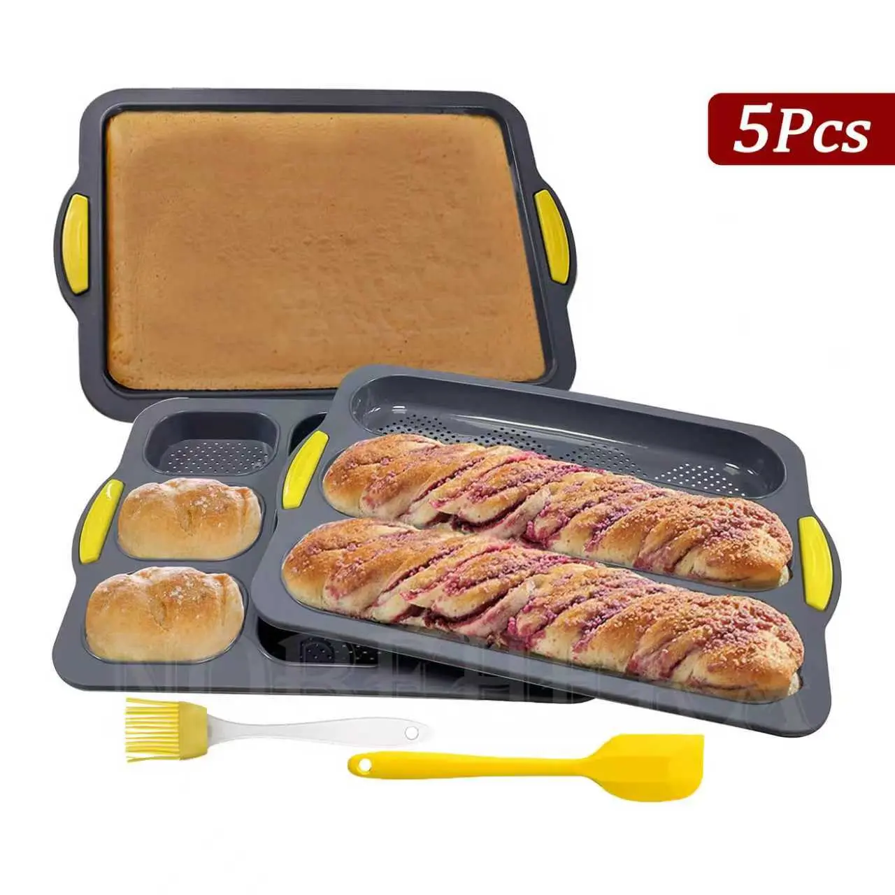 5-Piece Silicone Bread Baking Set, Bakeware, Baking Supplies, Non-Stick & Heat-Resistant, Includes 1+3+9 Cavity Pans, Knife Brush, Ideal for Homemade Bread Making