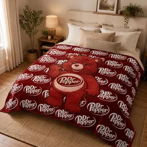 Soda Bear Flannel Blanket, Soft Plush Cartoon Bear Throw, Retro Drink Logo Print, Cozy for Sofa Bed Nap Travel Gift