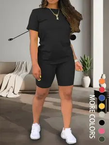 Two-piece Set Women's Plain Round Neck Tee & Skinny Shorts Set, Summer Clothes Women, Short Sleeve Crew Neck T-shirt & Shorts, Casual Summer Clothes for Outdoor, Cute Summer Outfit