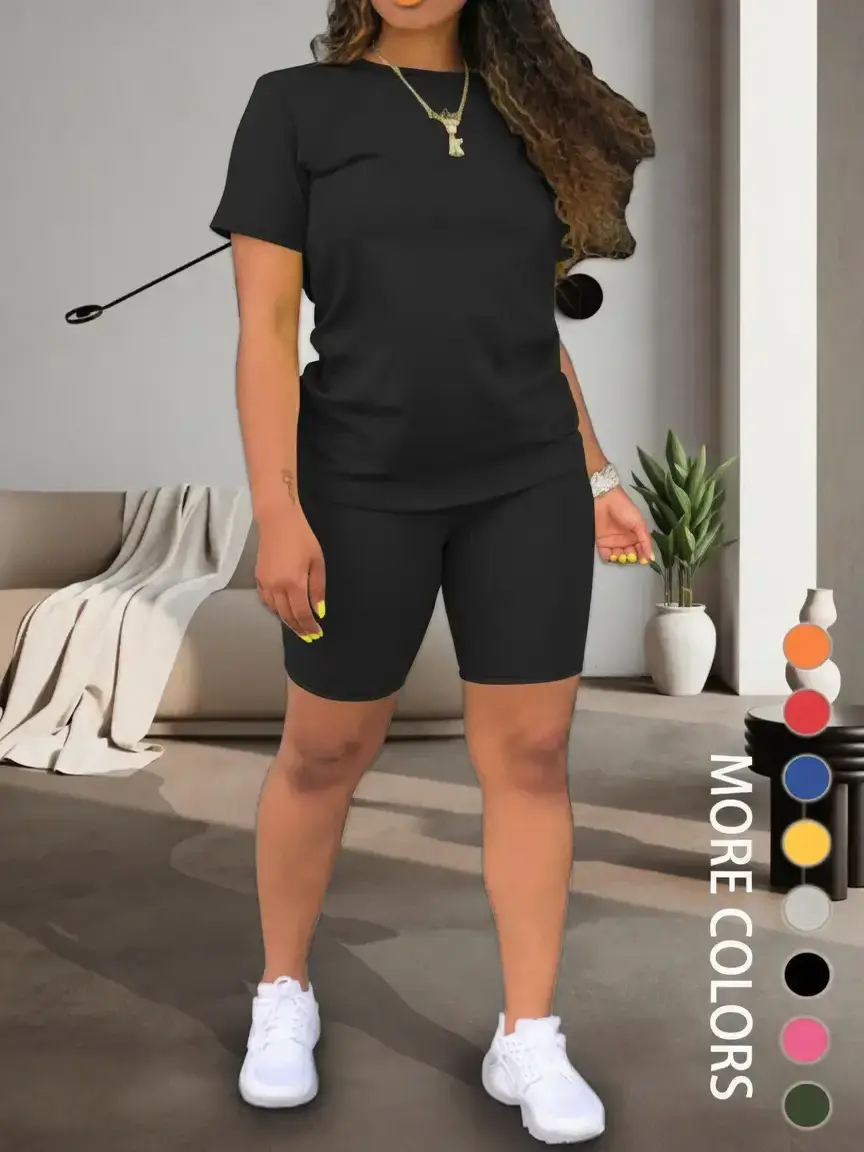 Women's 2-Piece Basic Matching Set - Soft Spandex-Polyester Short-Sleeve Round Neck Tee & Skinny Elastic Shorts, Breathable Summer Casual Outfit for Outdoor Everyday Wear