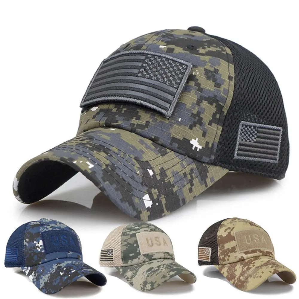 Camouflage US Flag Detachable Patch Mesh Trucker Baseball Hat Cap Camo, Veteran, Military, Dad, Husband, Boyfriend