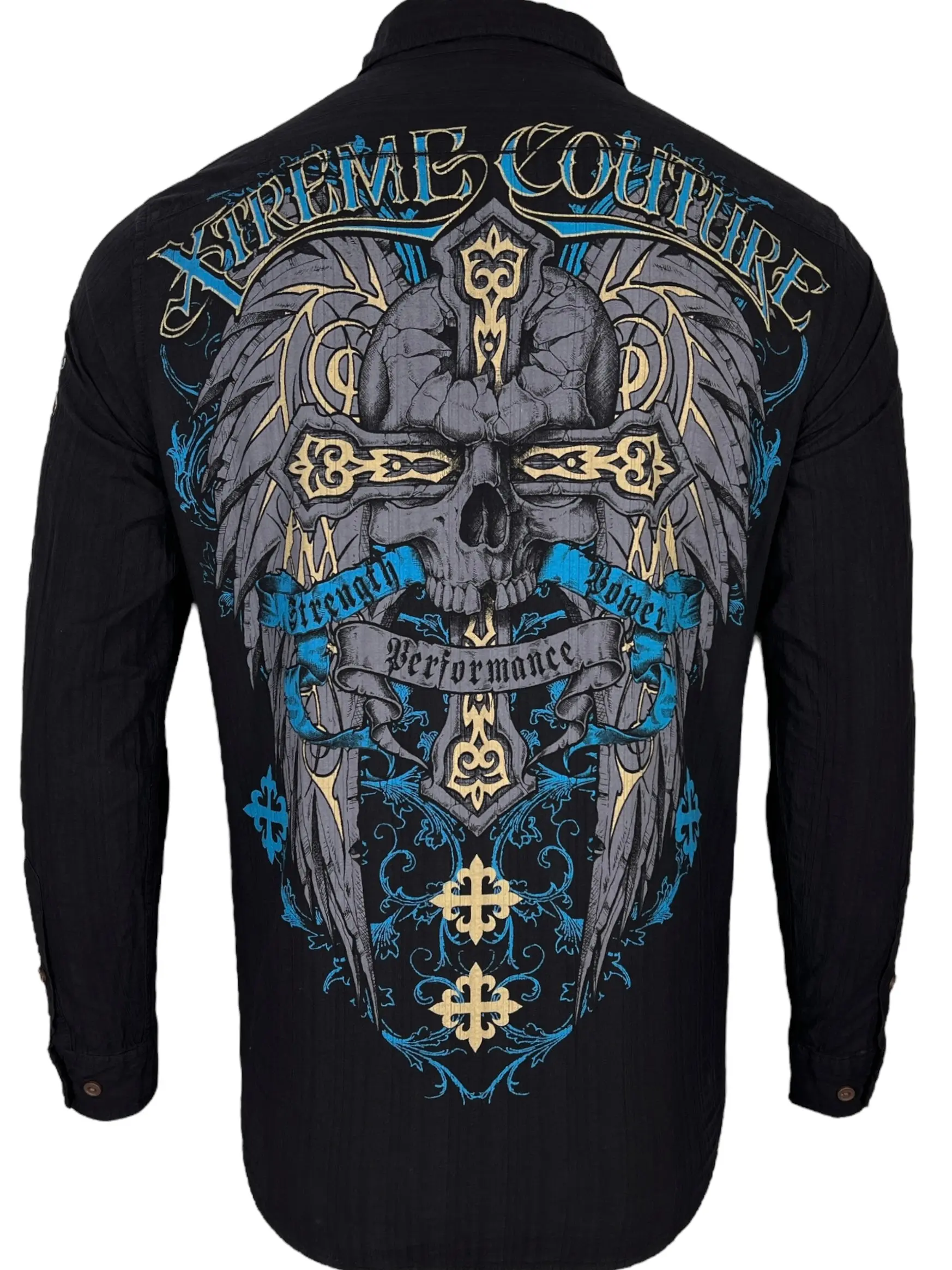 Xtreme Couture by Affliction Men's Thor Black Cotton Button-Down Woven Menswear Shirt - Long Sleeve, Ornate Graphic, Cross Print Casual Top