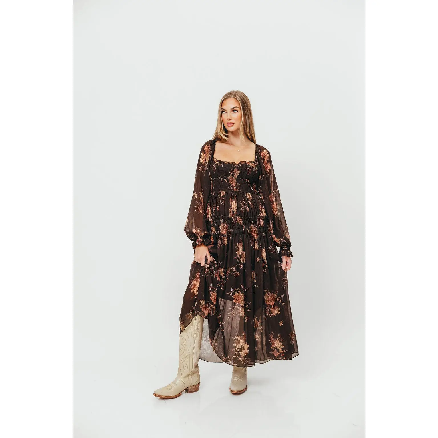 Camila Floral Chiffon Midi Dress in Espresso
