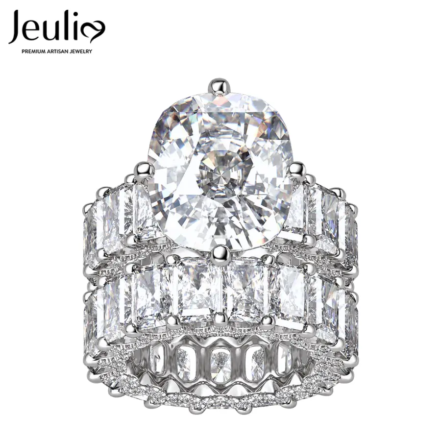 Jeulia Women's 3-Sided Pave Cushion Cut Sterling Silver Eternity Set - Cubic Zirconia, Art Deco Halo, Bridal Rings, Ring Stack, Statement Jewelry with Gift Box for Engagement