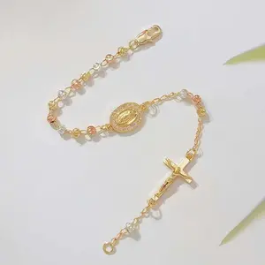 14K Gold Plated Tri-Color Rosary Bracelet for Women, Guadalupe Virgin Mary Medal & Crucifix Cross Charm, Adjustable Chain Catholic Religious Jewelry, Baptism/Confirmation Gifts
